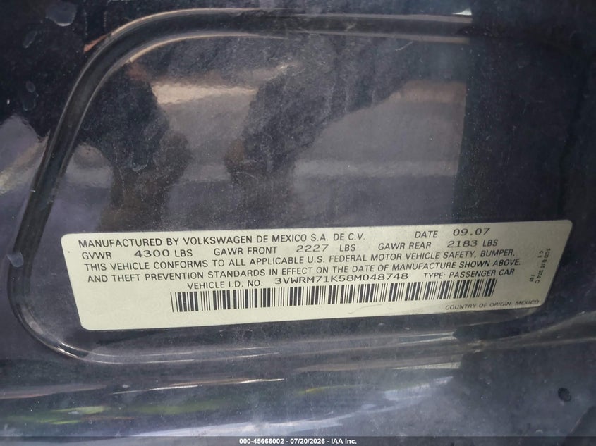 2008 Volkswagen Jetta VIN 3VWRM71K58M048748 IAAI salvage auction — REAR END, Salvage (Arizona), sold $600 on 2026-07-27 (photo 9)