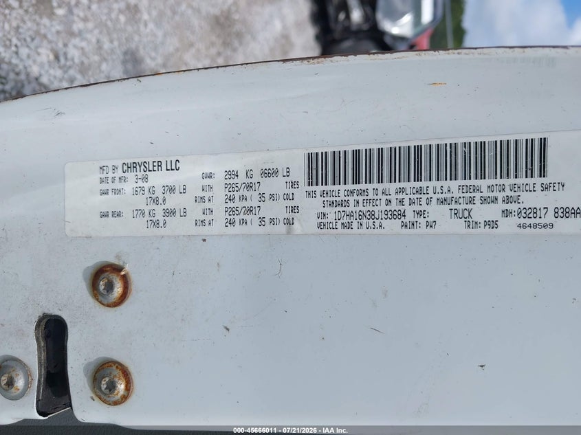 2008 Dodge Ram 1500 VIN 1D7HA16N38J193684 IAAI salvage auction — NORMAL WEAR, Clear (Florida), sold $300 on 2026-07-31 (photo 9)