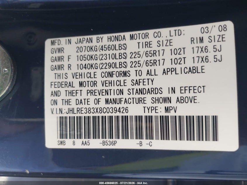 2008 Honda Cr-v VIN JHLRE383X8C039426 IAAI salvage auction — FRONT END, Salvage (California), sold $775 on 2026-08-21 (photo 9)