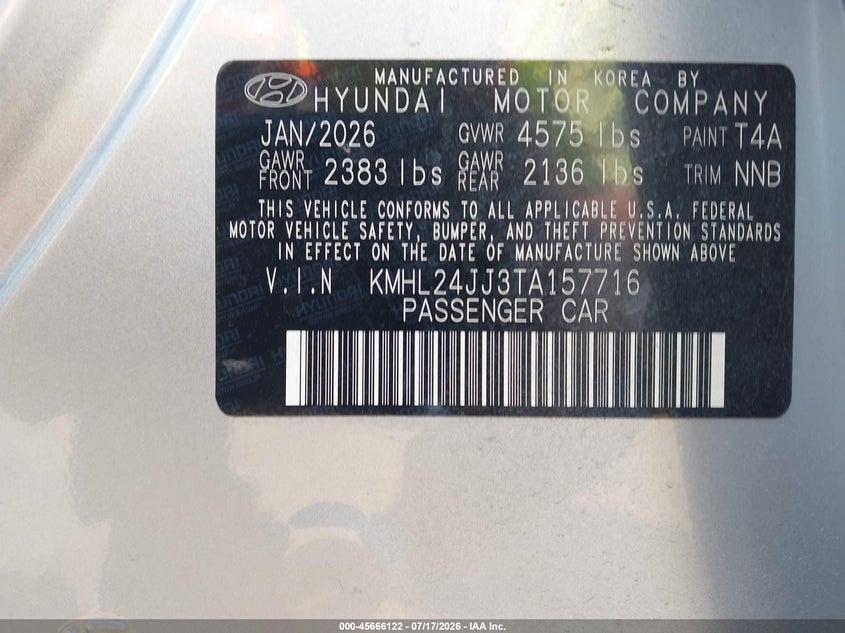 2026 Hyundai Sonata VIN KMHL24JJ3TA157716 IAAI salvage auction — FRONT END, Salvage Title, sold $13,900 on 2026-07-22 (photo 9)