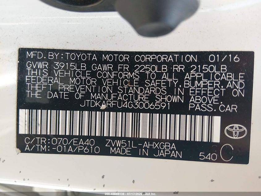 2016 Toyota Prius VIN JTDKARFU4G3006591 IAAI salvage auction — NORMAL WEAR, Clear (Missouri), sold $3,050 on 2026-07-28 (photo 9)