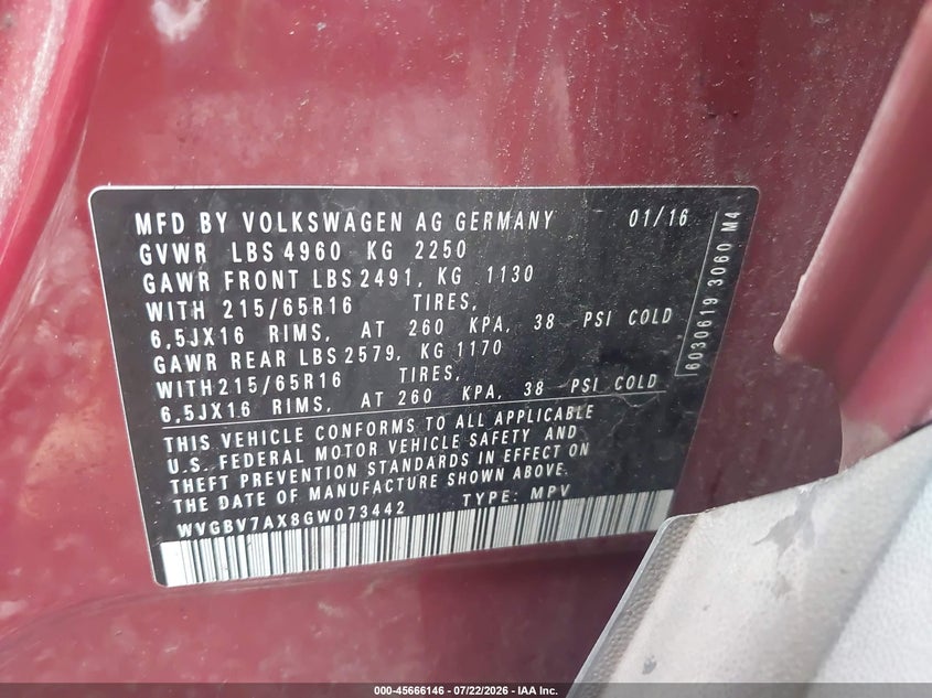 2016 Volkswagen Tiguan VIN WVGBV7AX8GW073442 IAAI salvage auction — NORMAL WEAR, Clear (New York), sold $775 on 2026-07-28 (photo 9)