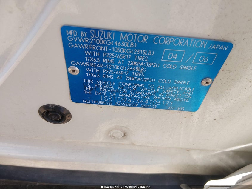 2006 Suzuki Grand vitara VIN JS3TD947364106121 IAAI salvage auction — MECHANICAL, Clear (Oklahoma), sold $750 on 2026-07-29 (photo 9)