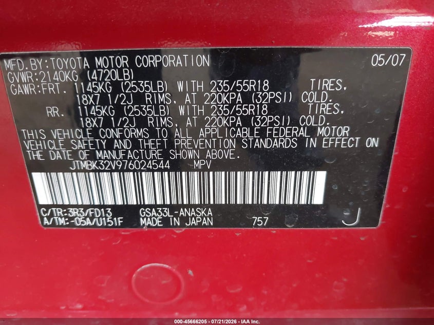 2007 Toyota Rav4 VIN JTMBK32V976024544 IAAI salvage auction — SIDE, Salvage (Arizona), sold $2,350 on 2026-07-29 (photo 9)