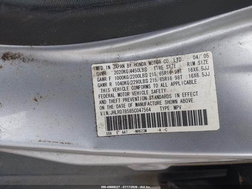 2005 Honda Cr-v VIN JHLRD78585C047564 IAAI salvage auction — NORMAL WEAR, Clear (Washington), sold $75 on 2026-07-29 (photo 9)
