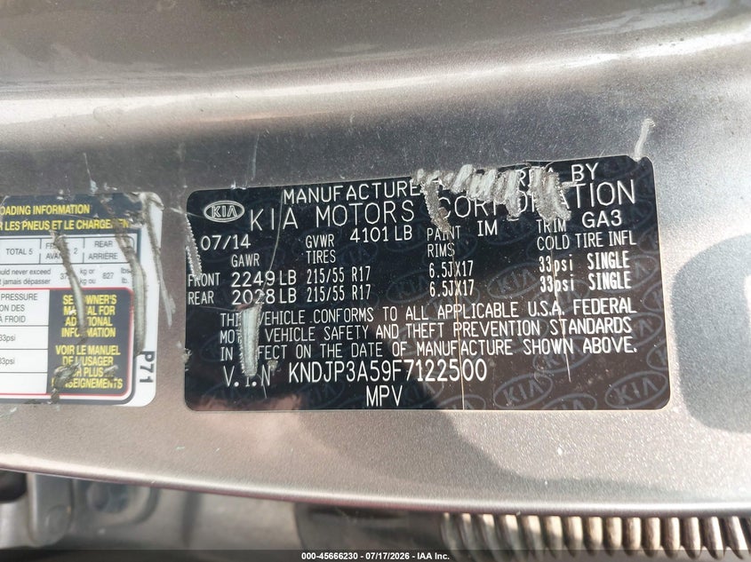 2015 Kia Soul VIN KNDJP3A59F7122500 IAAI salvage auction — NORMAL WEAR, Clear (New Jersey), sold $600 on 2026-07-28 (photo 9)