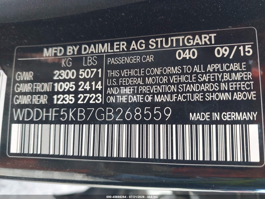 2016 Mercedes-benz E-klasse VIN WDDHF5KB7GB268559 IAAI salvage auction — FRONT & REAR, Salvage (California), sold $900 on 2026-08-11 (photo 9)