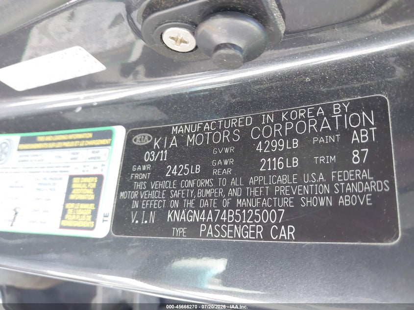 2011 Kia Optima VIN KNAGN4A74B5125007 IAAI salvage auction — NORMAL WEAR, Clear (Georgia), sold $175 on 2026-07-28 (photo 9)