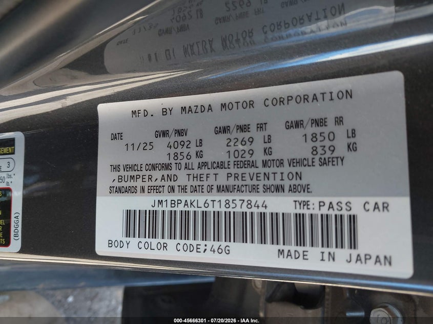 2026 Mazda 3 VIN JM1BPAKL6T1857844 IAAI salvage auction — LEFT FRONT, Enterprise Vehicles Clear Only (Texas), sold $3,350 on 2026-07-28 (photo 9)