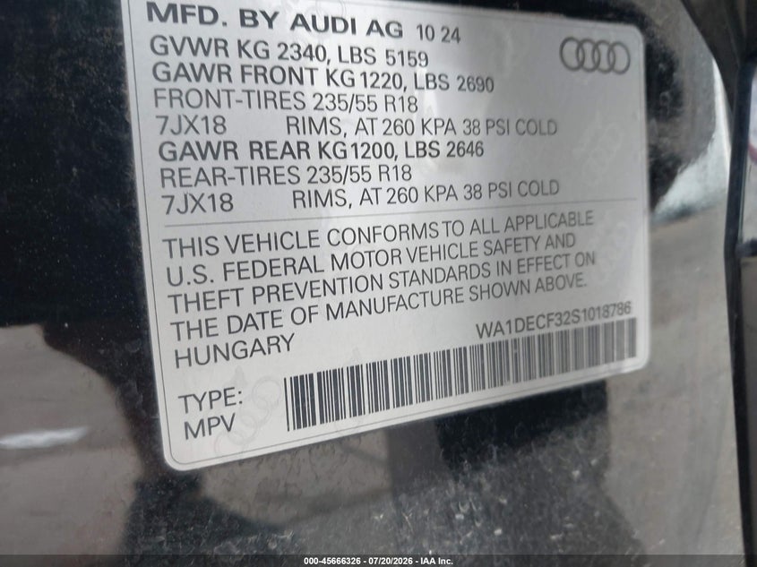2025 Audi Q3 VIN WA1DECF32S1018786 IAAI salvage auction — LEFT FRONT, Enterprise Vehicles Clear Only (Mississippi), sold $16,800 on 2026-07-28 (photo 9)