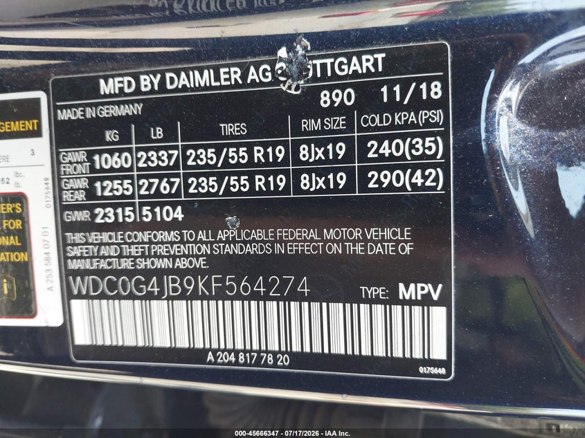 2019 Mercedes-benz Glc VIN WDC0G4JB9KF564274 IAAI salvage auction — FRONT & REAR, Salvage Title, sold $5,750 on 2026-08-04 (photo 9)