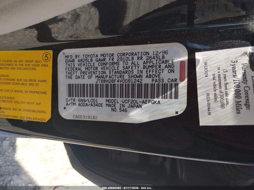 1997 Lexus Ls 400 VIN JT8BH28F4V0081242 IAAI salvage auction — NORMAL WEAR, Clear (Tennessee), sold $1,000 on 2026-07-23 (photo 9)