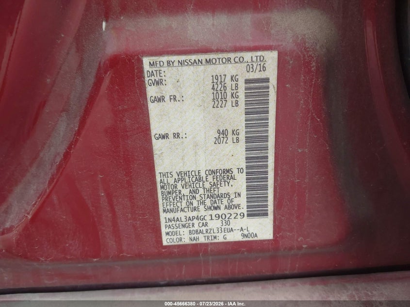2016 Nissan Altima VIN 1N4AL3AP4GC190229 IAAI salvage auction — ROOF, Salvage Title, sold $175 on 2026-09-27 (photo 9)
