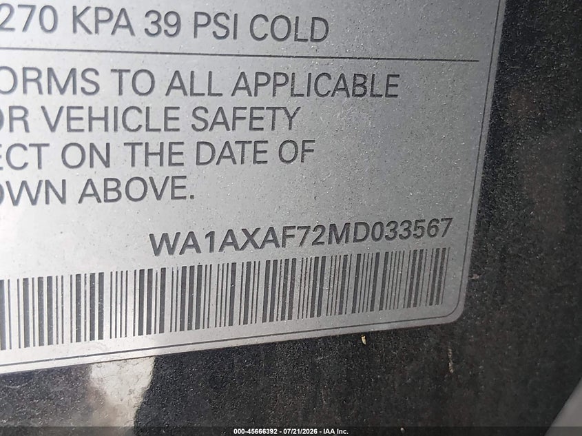 2021 Audi Q7 VIN WA1AXAF72MD033567 IAAI salvage auction — FRONT END, Wait Title, sold $14,700 on 2026-09-02 (photo 9)