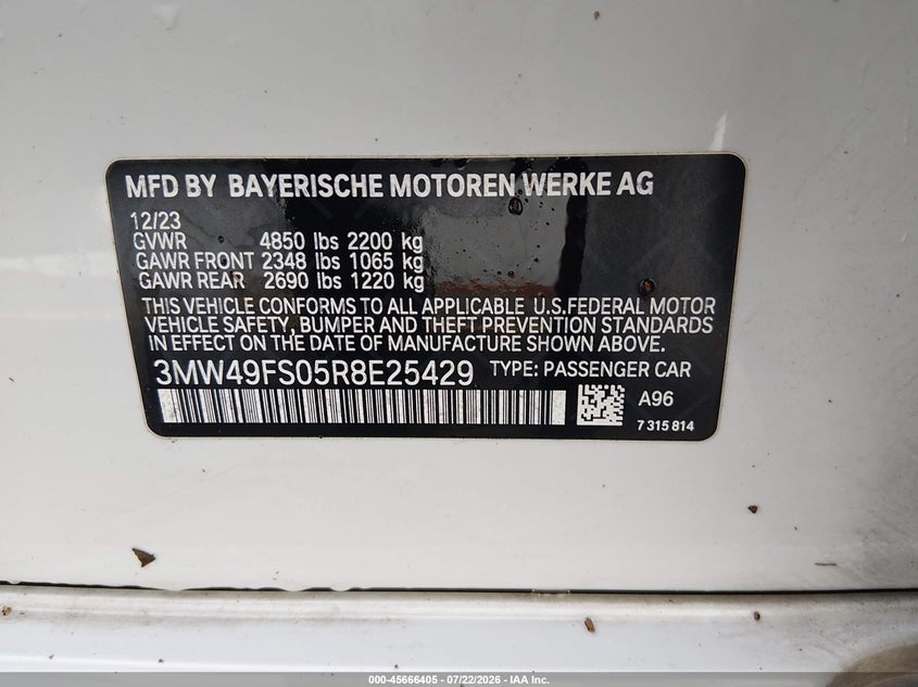 2024 BMW 3er VIN 3MW49FS05R8E25429 IAAI salvage auction — WATER/FLOOD, Wait Title, sold $17,200 on 2026-09-09 (photo 9)