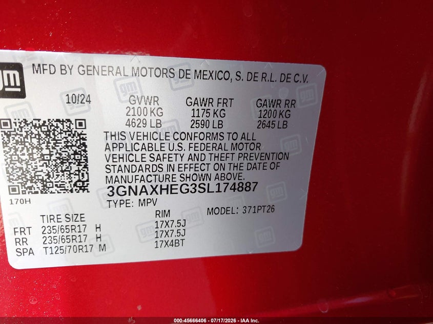 2025 Chevrolet Equinox VIN 3GNAXHEG3SL174887 IAAI salvage auction — REAR END, Salvage Title, sold $10,200 on 2026-08-22 (photo 9)