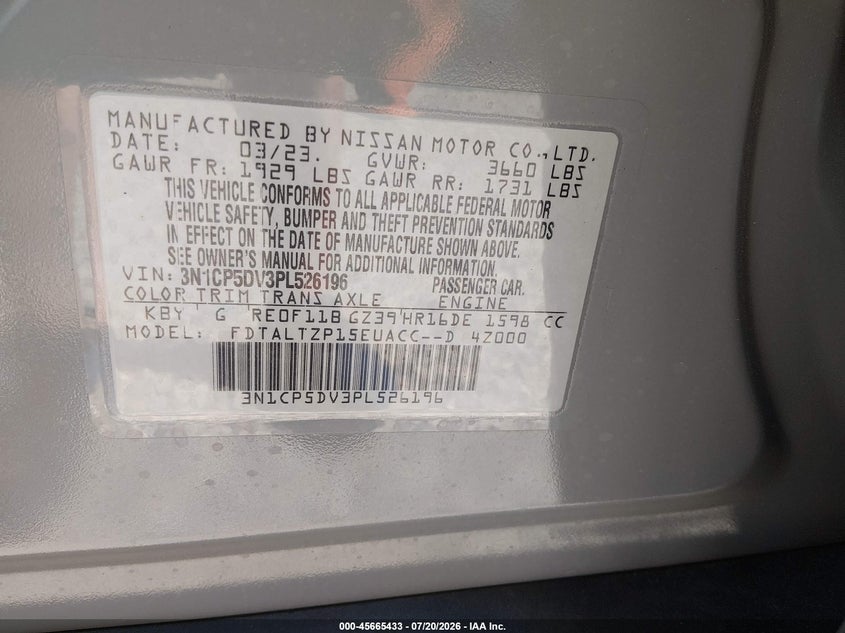 2023 Nissan Kicks VIN 3N1CP5DV3PL526196 IAAI salvage auction — MECHANICAL, Salvage Title, sold $5,200 on 2026-08-24 (photo 9)