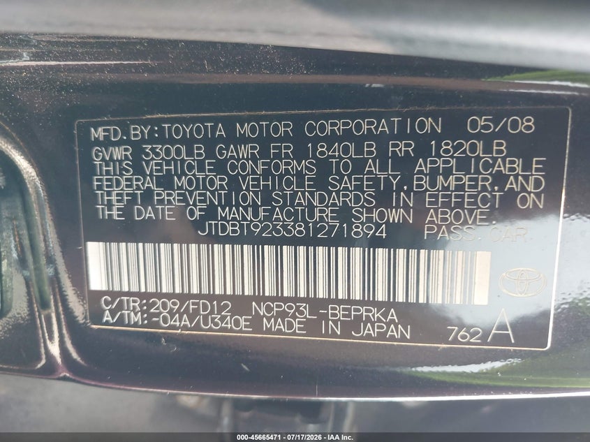 2008 Toyota Yaris VIN JTDBT923381271894 IAAI salvage auction — NORMAL WEAR, Clear (New Jersey), sold $875 on 2026-07-28 (photo 9)