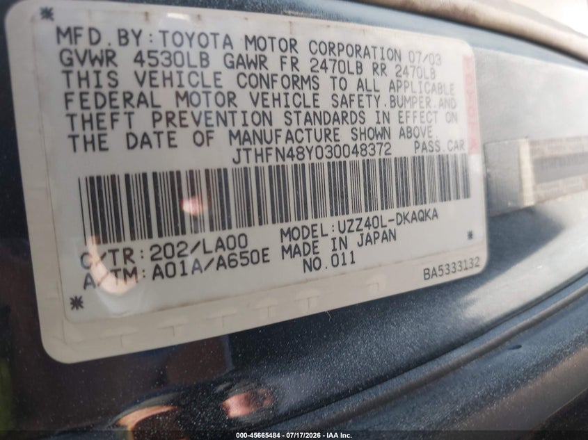 2003 Lexus Sc 430 VIN JTHFN48Y030048372 IAAI salvage auction — FRONT END, Clear (New York), sold $50 on 2026-07-21 (photo 9)