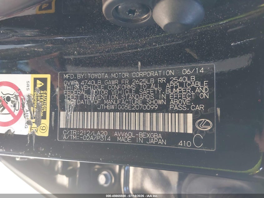 2014 Lexus ES VIN JTHBW1GG5E2070099 IAAI salvage auction — NORMAL WEAR, Salvage Title - Dealer (California), sold $2,625 on 2026-07-25 (photo 9)
