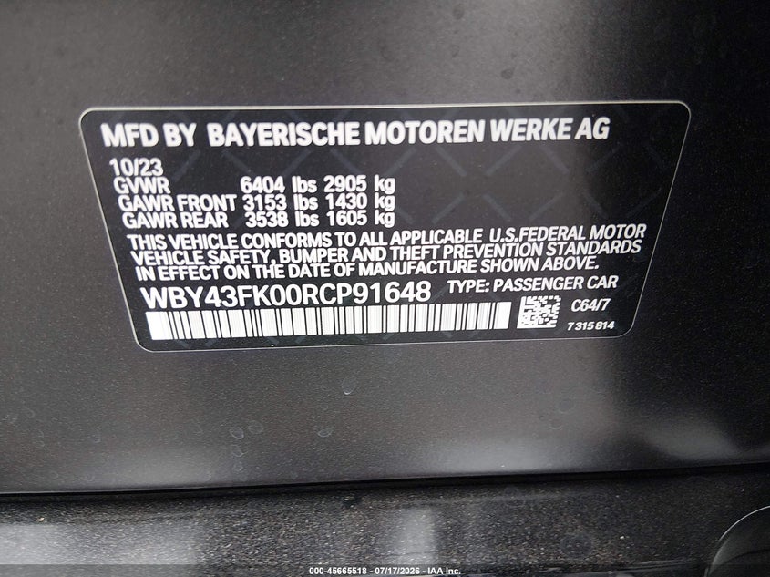 2024 BMW I5 VIN WBY43FK00RCP91648 IAAI salvage auction — REAR END, Wait Title, sold $42,600 on 2026-09-17 (photo 9)