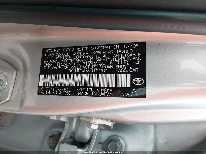 2008 Scion Xd VIN JTKKU10478J032304 IAAI salvage auction — NORMAL WEAR, Clear (Missouri), sold $550 on 2026-07-30 (photo 9)
