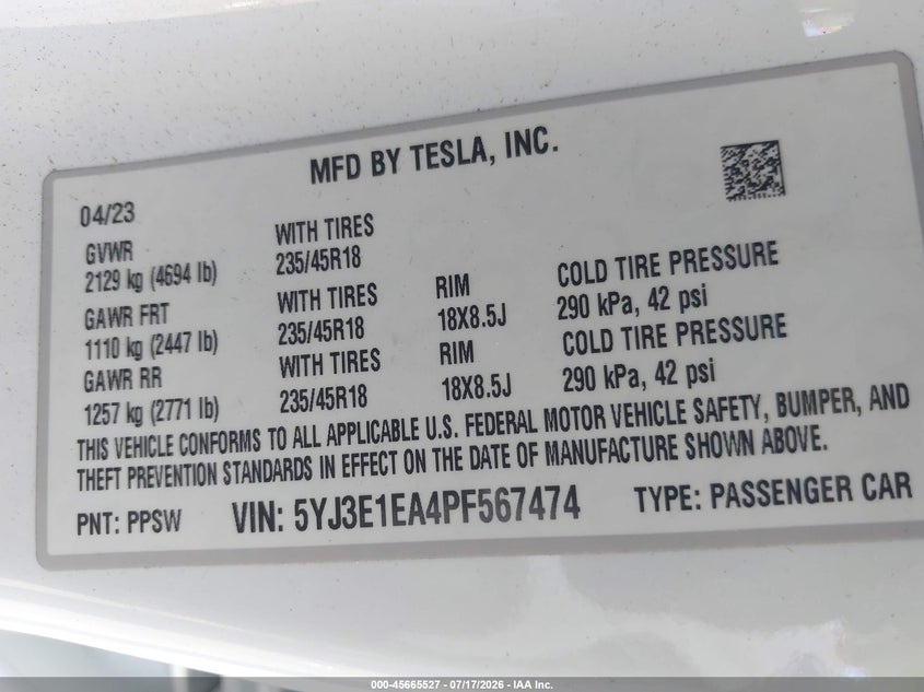2023 Tesla Model 3 VIN 5YJ3E1EA4PF567474 IAAI salvage auction — LEFT FRONT, Salvage (California), sold $125 on 2026-07-29 (photo 9)