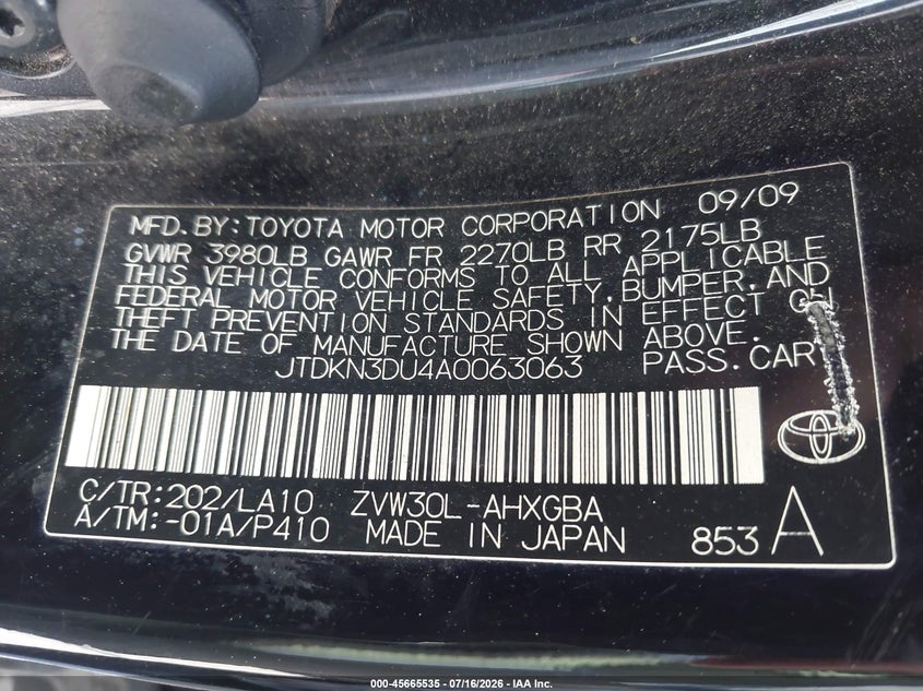 2010 Toyota Prius VIN JTDKN3DU4A0063063 IAAI salvage auction — NORMAL WEAR, Clear - Dealer Only (California), sold $2,275 on 2026-07-29 (photo 9)