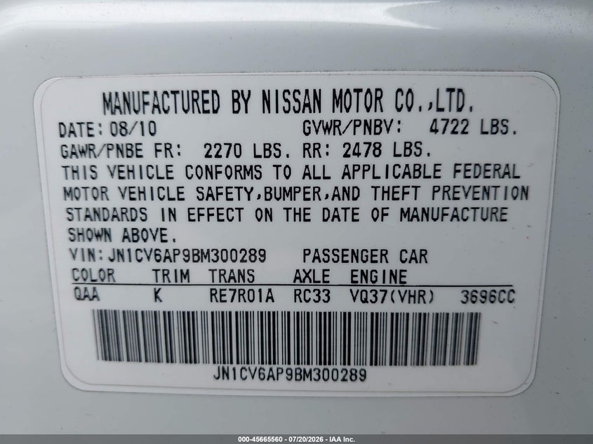 2011 Infiniti G37 VIN JN1CV6AP9BM300289 IAAI salvage auction — FRONT END, Salvage (California), sold $1,100 on 2026-07-29 (photo 9)