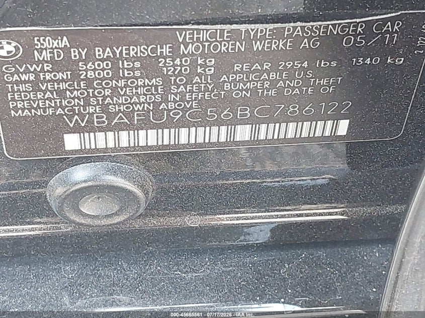 2011 BMW 5 series VIN WBAFU9C56BC786122 IAAI salvage auction — NORMAL WEAR, Clear (New York), sold $1,850 on 2026-07-28 (photo 9)