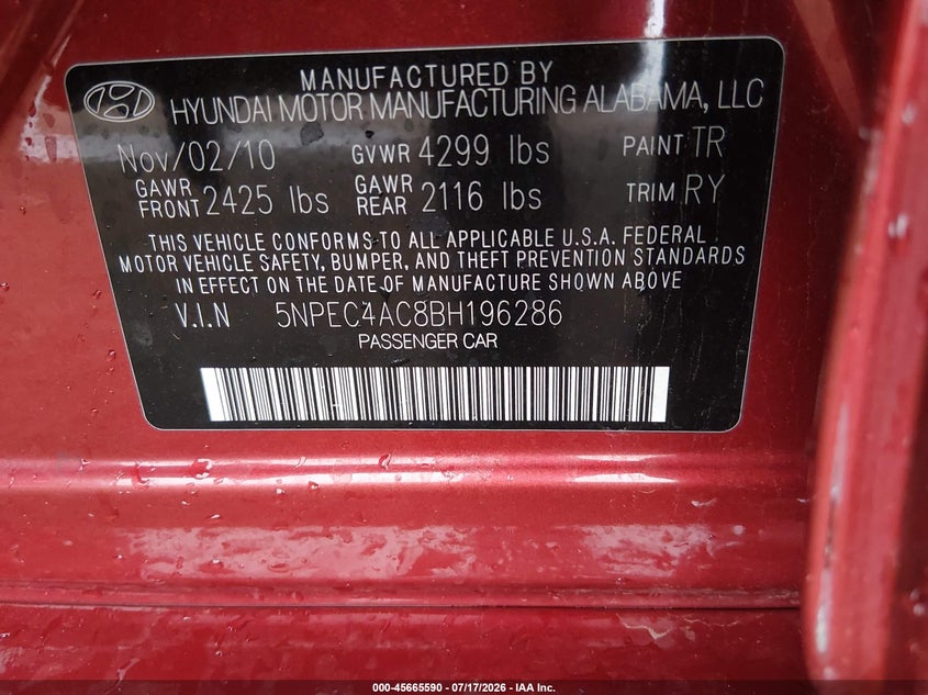 2011 Hyundai Sonata VIN 5NPEC4AC8BH196286 IAAI salvage auction — NORMAL WEAR, Clear-Dealer Only (Arizona), sold $25 on 2026-07-28 (photo 9)