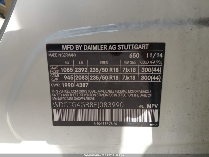 2015 Mercedes-benz Gla-klasse VIN WDCTG4GB8FJ083990 IAAI salvage auction — FRONT END, Salvage (Texas), sold $2,075 on 2026-08-11 (photo 9)