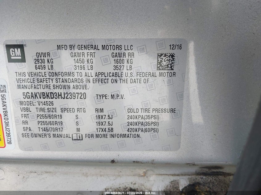2017 Buick Enclave VIN 5GAKVBKD3HJ239720 IAAI salvage auction — FRONT END, Salvage Title, sold $2,650 on 2026-07-31 (photo 9)
