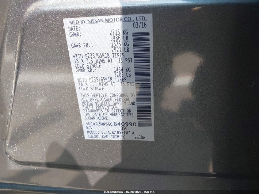 2016 Nissan Pathfinder VIN 5N1AR2MN6GC640990 IAAI salvage auction — FRONT END, Wait Title, sold $875 on 2026-10-01 (photo 9)