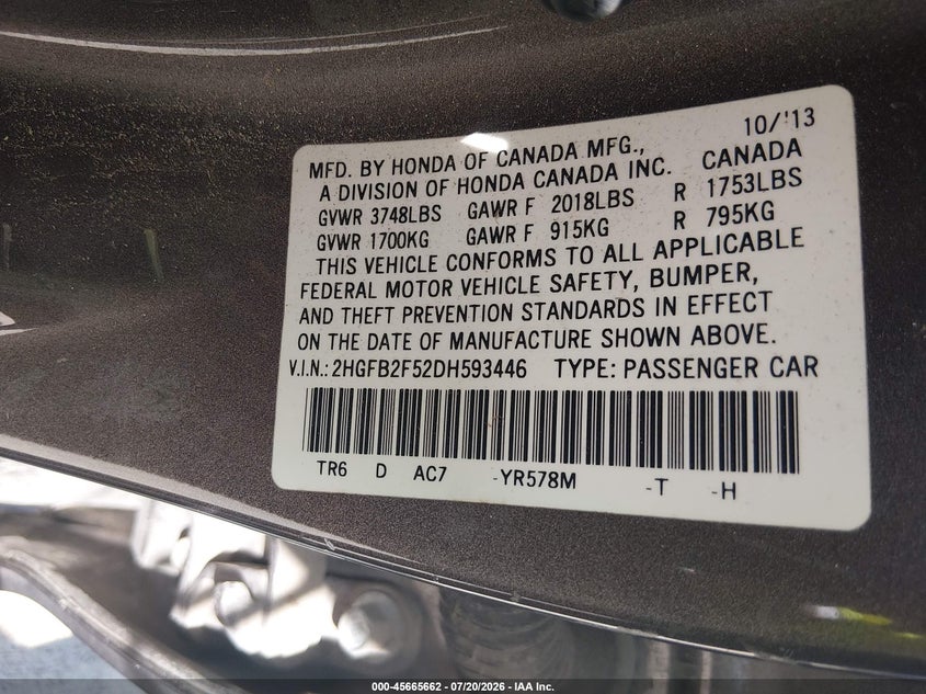 2013 Honda Civic VIN 2HGFB2F52DH593446 IAAI salvage auction — REAR END, Salvage Title, sold $1,425 on 2026-07-31 (photo 9)