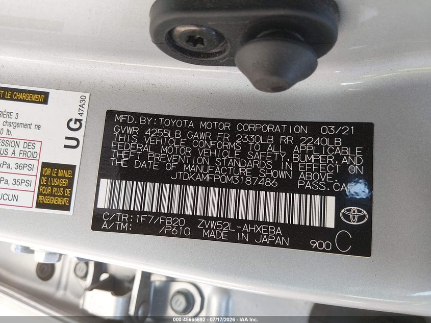2021 Toyota Prius VIN JTDKAMFP0M3187486 IAAI salvage auction — LEFT REAR, Salvage (California), sold $1,650 on 2026-07-29 (photo 9)