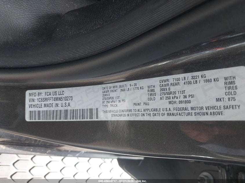 2021 Ram 1500 VIN 1C6SRFFT4MN510273 IAAI salvage auction — RIGHT SIDE, Salvage (Ohio), sold $25 on 2026-08-07 (photo 9)