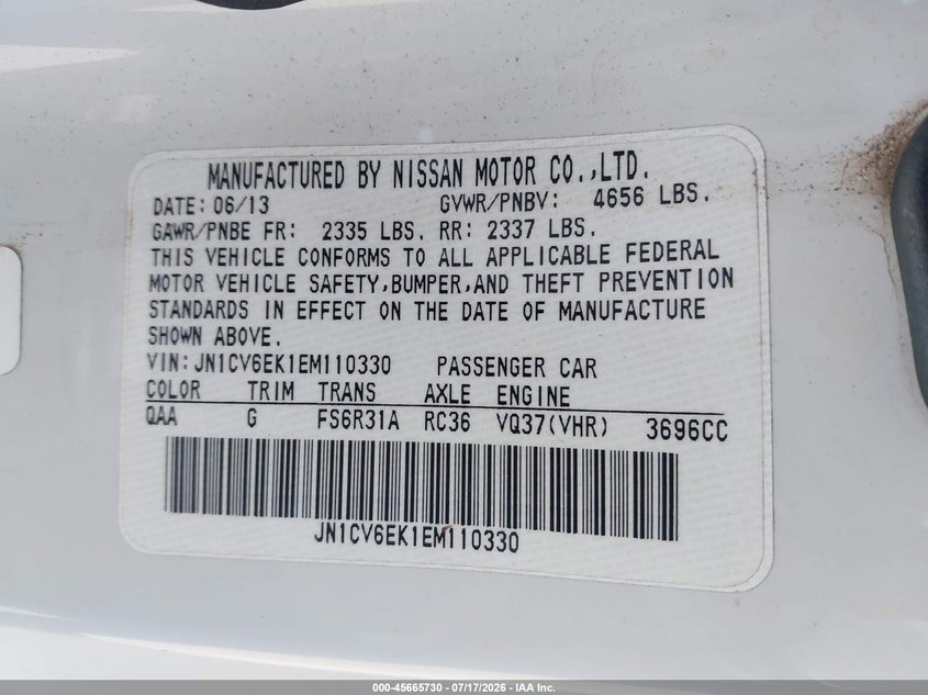 2014 Infiniti Q60 VIN JN1CV6EK1EM110330 IAAI salvage auction — NORMAL WEAR, Clear - Dealer Only (California), sold $2,150 on 2026-07-29 (photo 9)