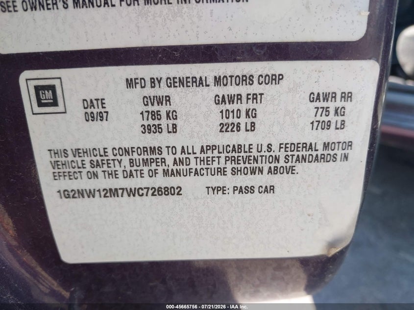 1998 Pontiac Grand am VIN 1G2NW12M7WC726802 IAAI salvage auction — NORMAL WEAR, Clear (Utah), sold $275 on 2026-07-23 (photo 9)
