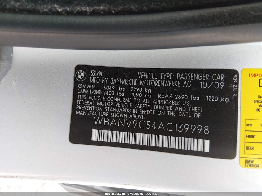 2010 BMW 5 series VIN WBANV9C54AC139998 IAAI salvage auction — NORMAL WEAR, Clear (Indiana), sold $25 on 2026-07-23 (photo 9)