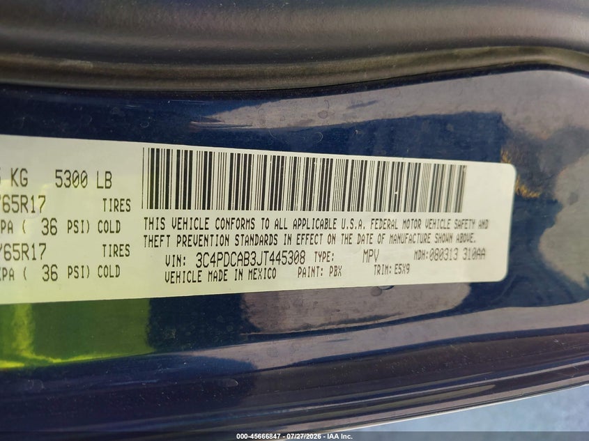 2018 Dodge Journey VIN 3C4PDCAB3JT445308 IAAI salvage auction — HAIL, Certificate Of Title (Nebraska), sold $3,950 on 2026-08-23 (photo 9)