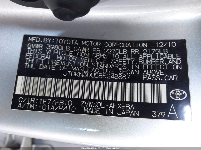 2011 Toyota Prius VIN JTDKN3DU5B5248887 IAAI salvage auction — NORMAL WEAR, Clear - Dealer Only (California), sold $2,250 on 2026-08-01 (photo 9)