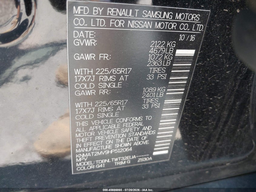 2017 Nissan Rogue VIN KNMAT2MV9HP512064 IAAI salvage auction — FRONT END, Mv-907A (New York), sold $700 on 2026-08-03 (photo 9)