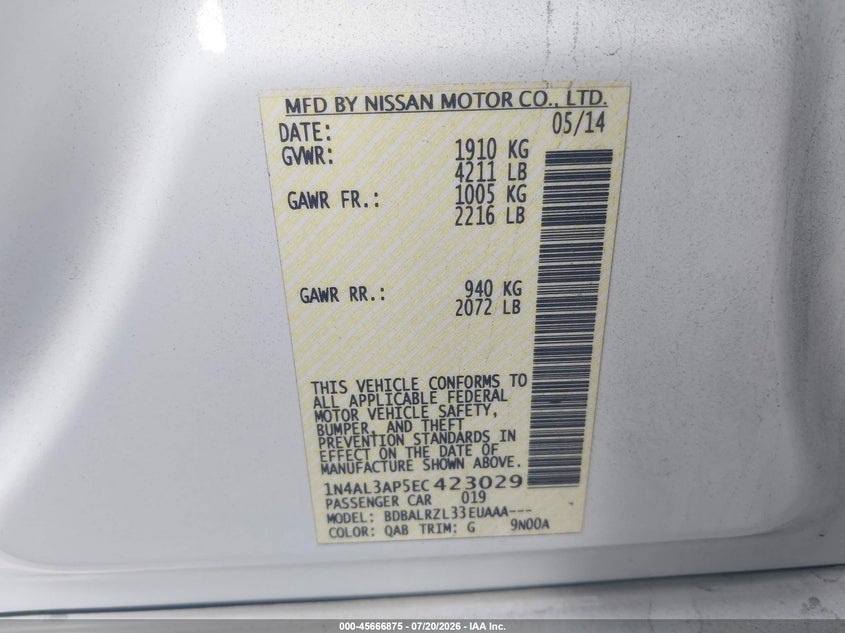 2014 Nissan Altima VIN 1N4AL3AP5EC423029 IAAI salvage auction — LEFT FRONT, Wait Title, sold $975 on 2026-08-01 (photo 9)