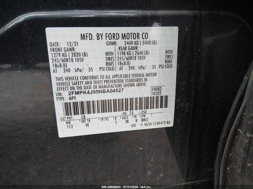 2022 Ford Edge VIN 2FMPK4J95NBA04527 IAAI salvage auction — BIO HAZARD, Salvage (Montana), sold $8,600 on 2026-08-19 (photo 9)