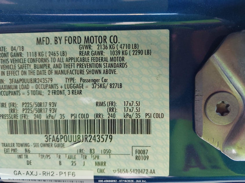 2018 Ford Fusion VIN 3FA6P0UU8JR243579 IAAI salvage auction — NORMAL WEAR, Sf97 (California), sold $12,250 on 2026-07-30 (photo 9)