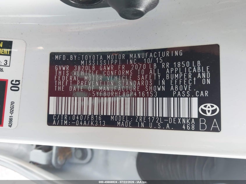 2016 Toyota Corolla VIN 5YFBURHE8GP416153 IAAI salvage auction — SIDE, Salvage Title, sold $2,150 on 2026-07-31 (photo 9)