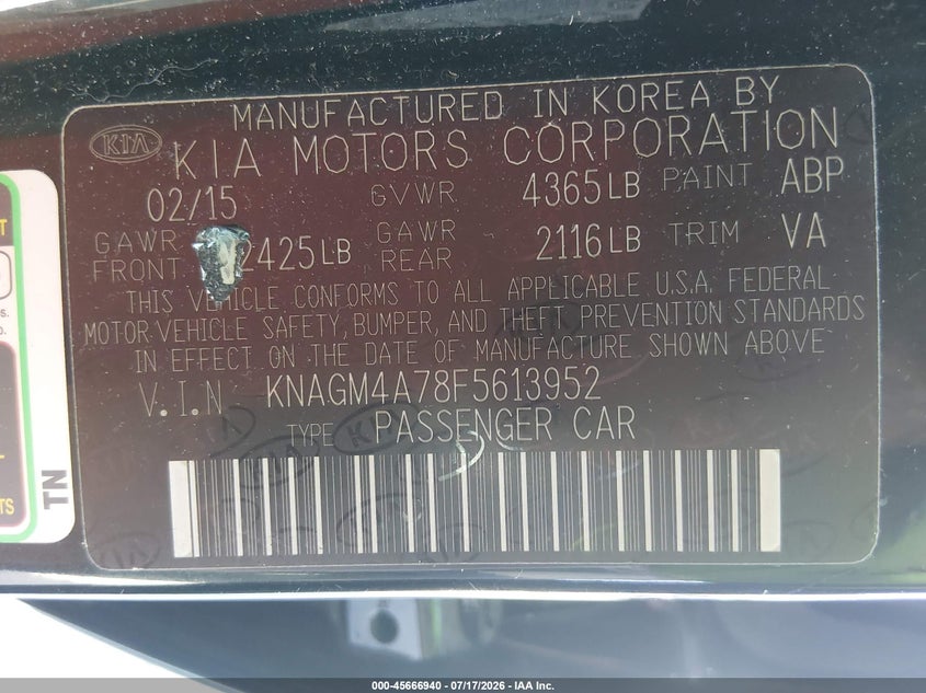 2015 Kia Optima VIN KNAGM4A78F5613952 IAAI salvage auction — NORMAL WEAR, Clear (Alabama), sold $325 on 2026-07-29 (photo 9)