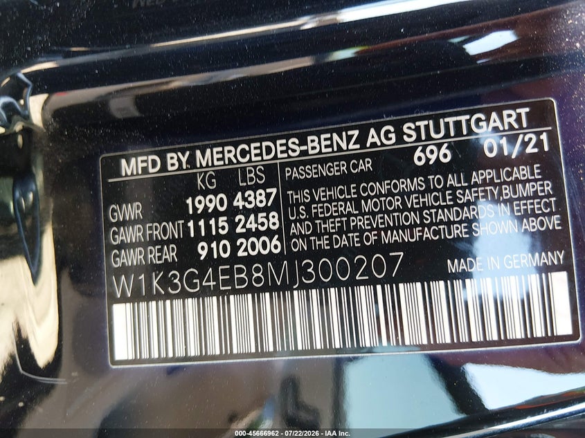 2021 Mercedes-benz A-klasse VIN W1K3G4EB8MJ300207 IAAI salvage auction — FRONT END, Salvage Title, sold $7,250 on 2026-08-19 (photo 9)