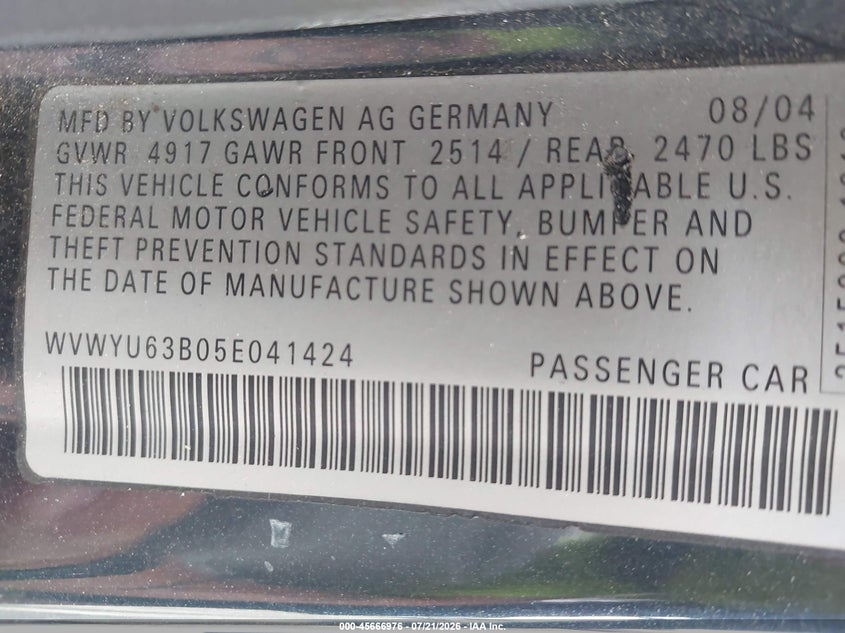 2005 Volkswagen Passat VIN WVWYU63B05E041424 IAAI salvage auction — NORMAL WEAR, Clear (Michigan), sold $375 on 2026-08-06 (photo 9)